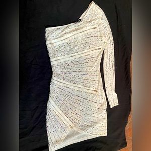 Crystal rhinestone, zipper and mesh one-shoulder dress